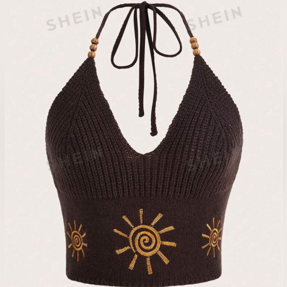 Hippie Sun Pattern Tie Backless Halter Knit Top Brown